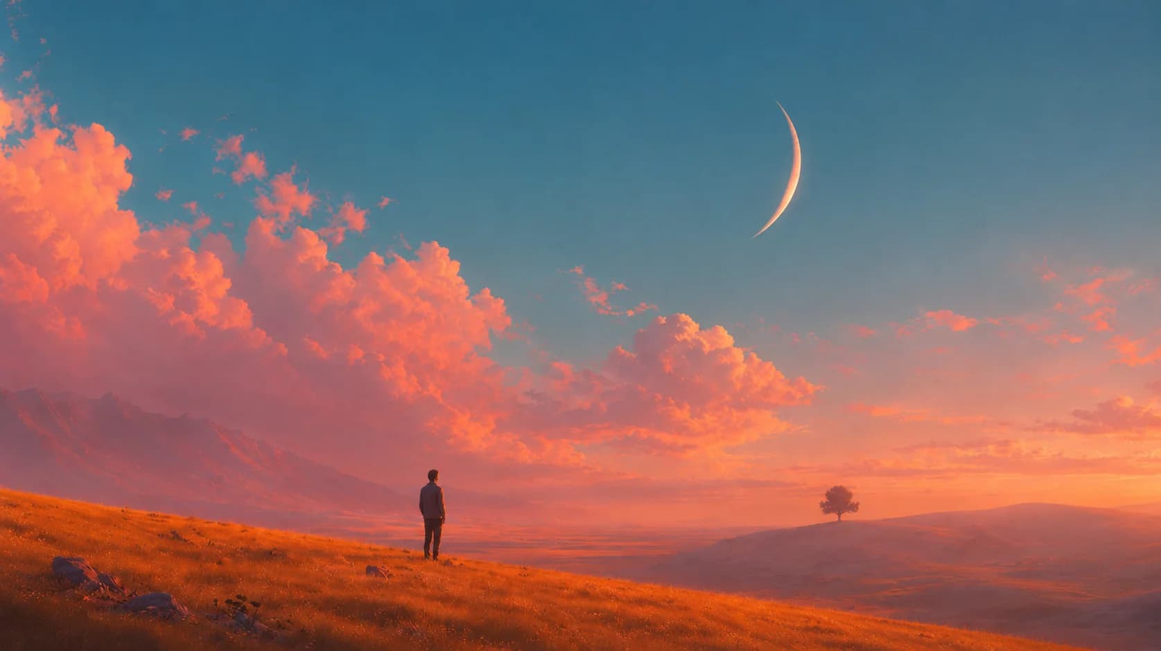 Sunset landscape with a lone tree